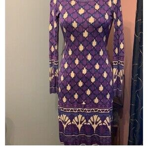 TORY BURCH Women's Silk Purple Geometric Patterned Long Sleeve Art Deco Medium